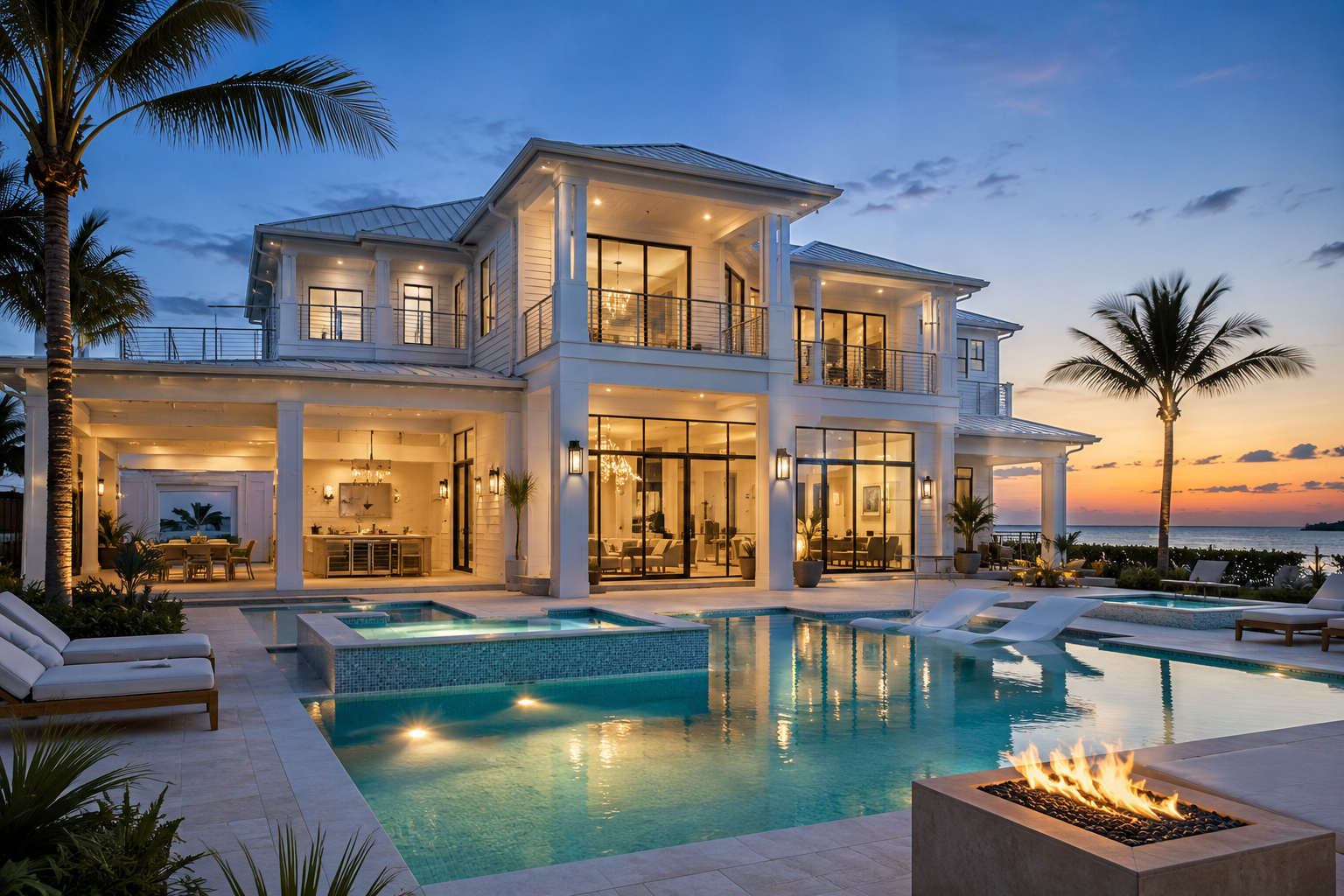 Luxury waterfront house at sunset with illuminated interior, swimming pool with lounge chairs, fire pit, and palm trees