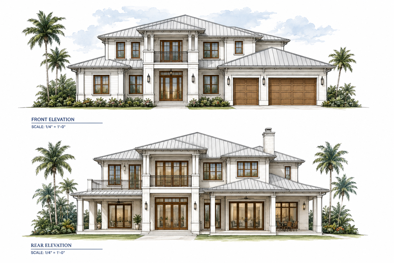 Architectural drawings of a two-story house showing front and rear elevations. The house features a covered porch, multiple windows, and a balcony. The front elevation includes a double door entrance with decorative columns, and car garage doors. The rear elevation displays a large deck area, glass doors, and outdoor seating.