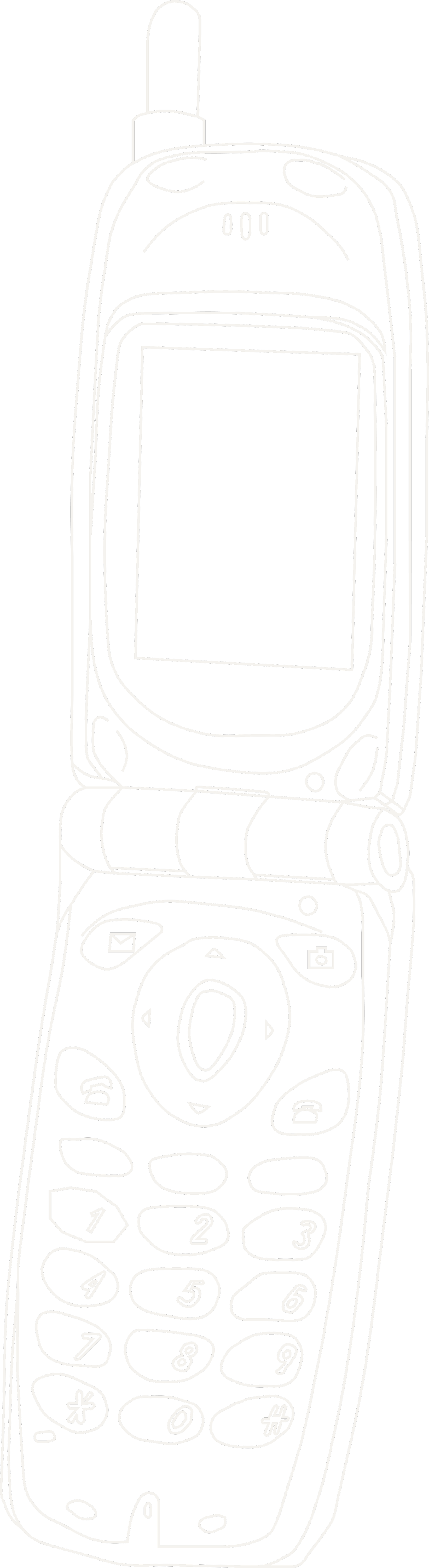 Outline drawing of an old flip phone with a small screen, keypad, and antenna on top.