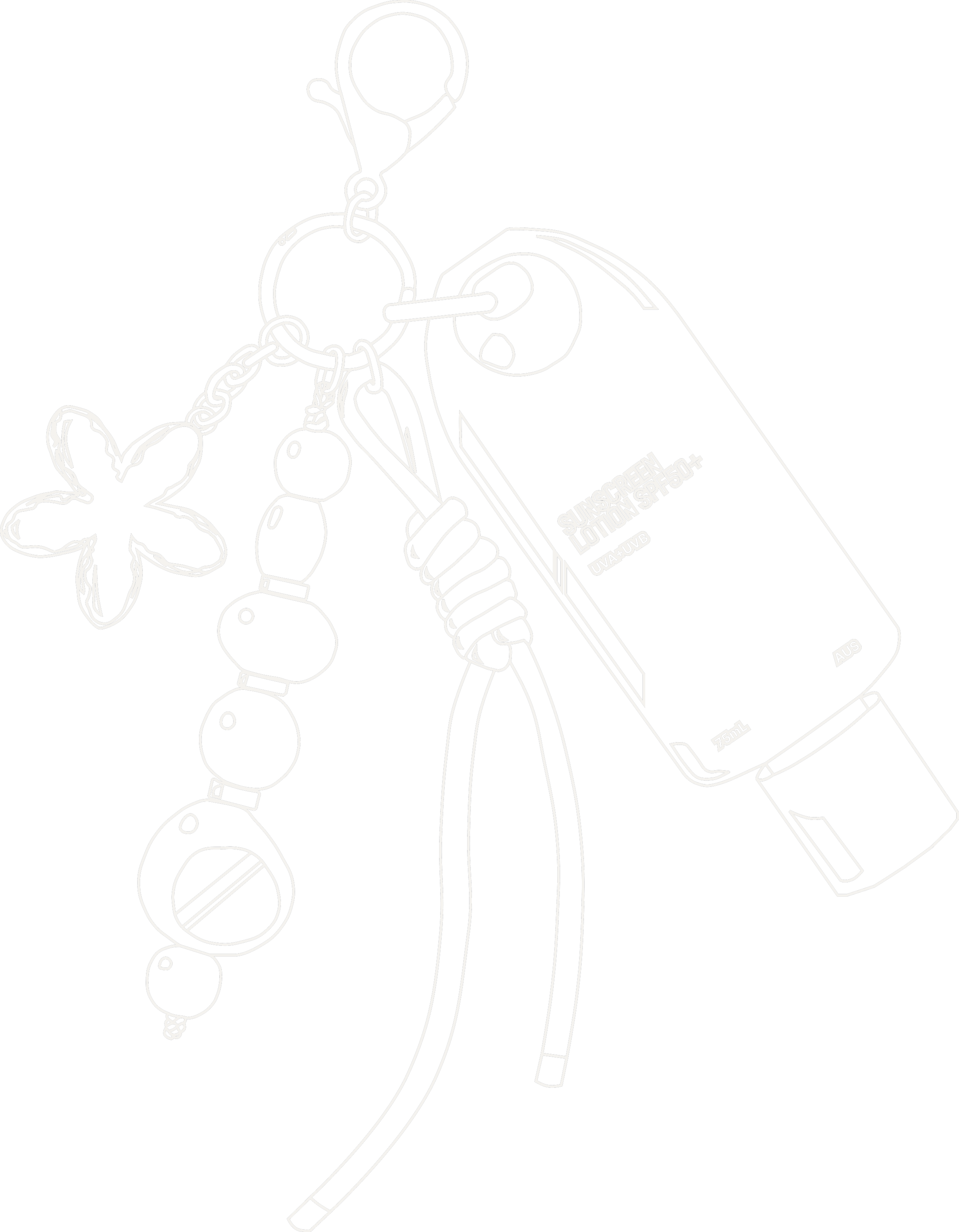 Outline drawing of a bottle of sunscreen SPF 50+ with a keychain with beads and a flower charm.