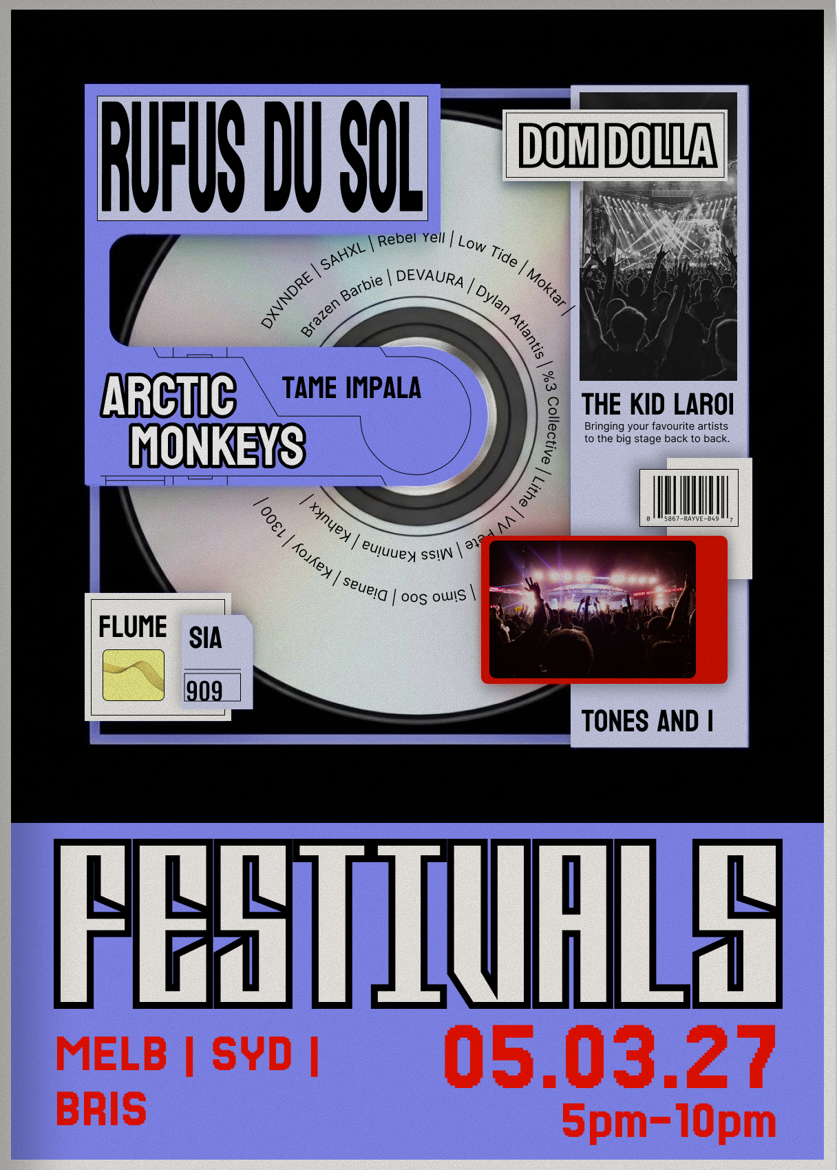 Mock up of a concert flyer with purple and black theme promoting a music festival Includes images of a music concert and crowd, barcode, and general event details. CD shape poster layout.