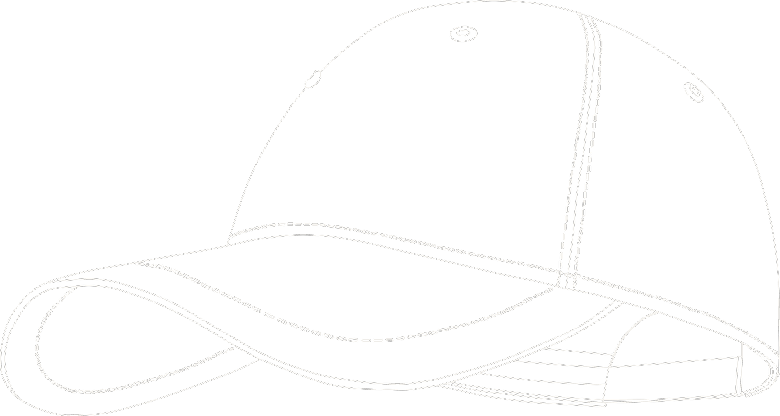 Line drawing of a baseball cap showing the brim, buckle, and sewing details in white lines on a black background.