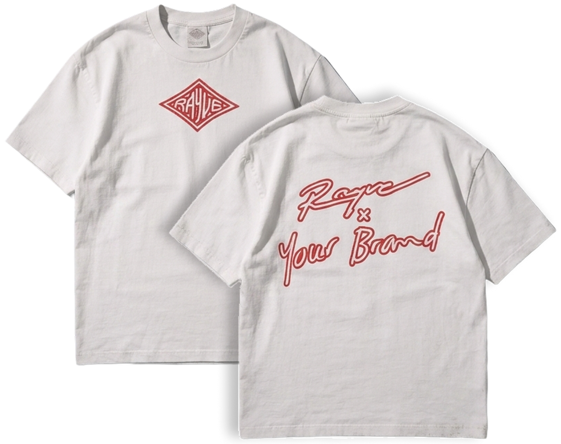 Two white T-shirts, one facing forward with a red diamond-shaped graphic with the word "RAYVE" inside, and the other showing the back with red cursive text saying "Rayve x Your Brand."