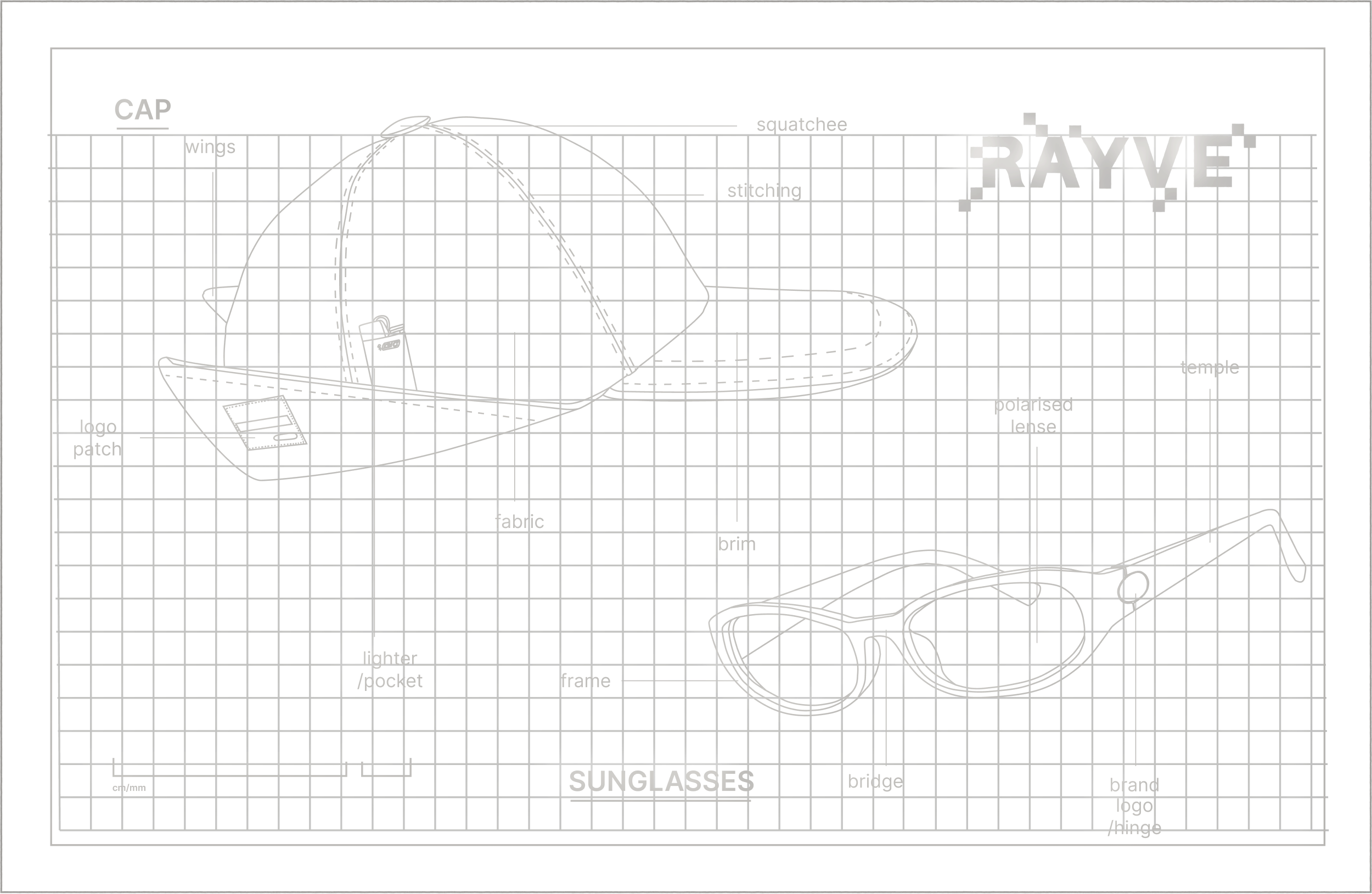 blueprint showing a hat and sunglasses, and their components, with the logo 'RAYVE' on the side.