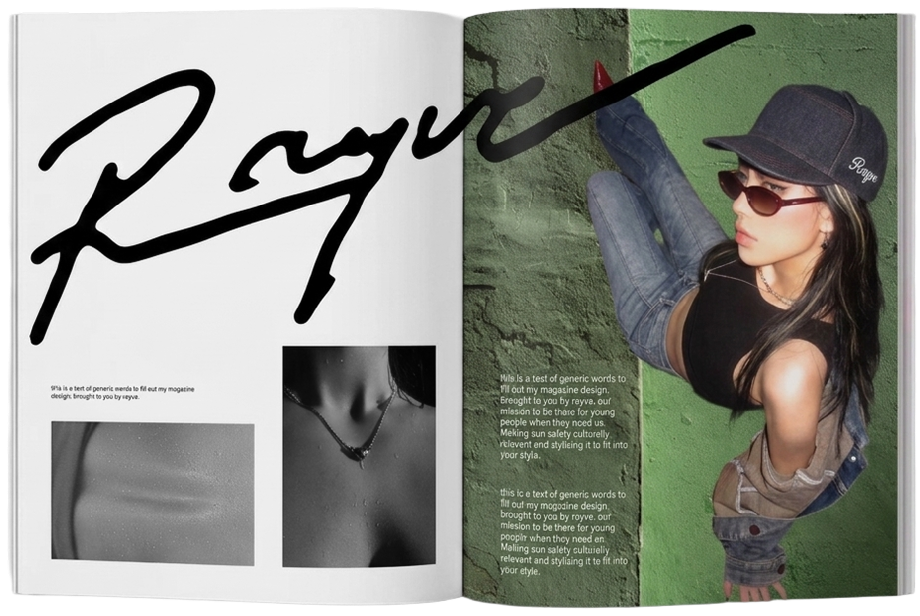 Open magazine featuring text 'Rayve' in handwritten typography and a young woman wearing sunglasses, a hat, and casual clothing, with text and smaller black-and-white photos on the pages.