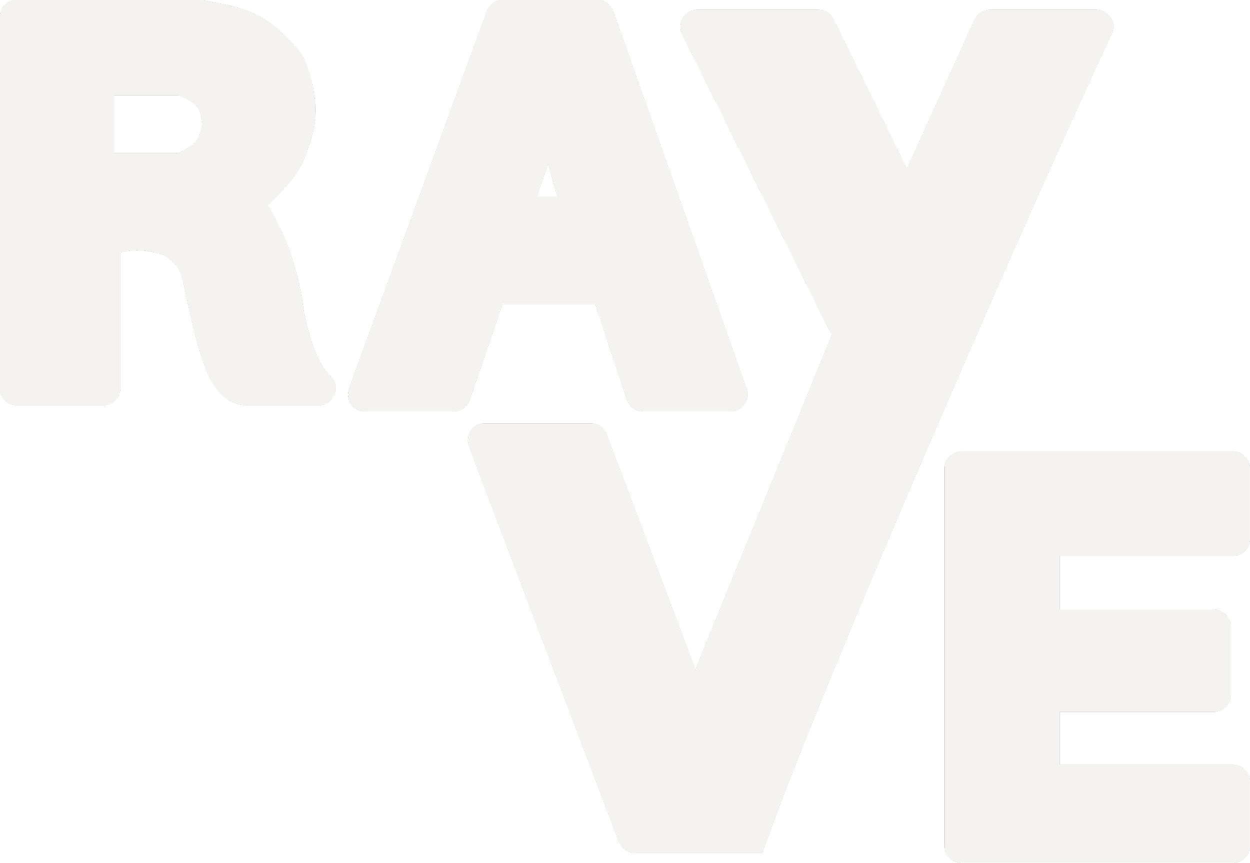 Black and white graphic with large bold overlapping letters spelling 'RAYVE' in a stylized font.