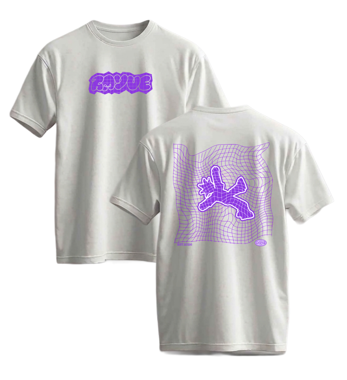 White T-shirts with purple graphic designs, one with a stylised logo and the other with a wireframe image of a falling figure.