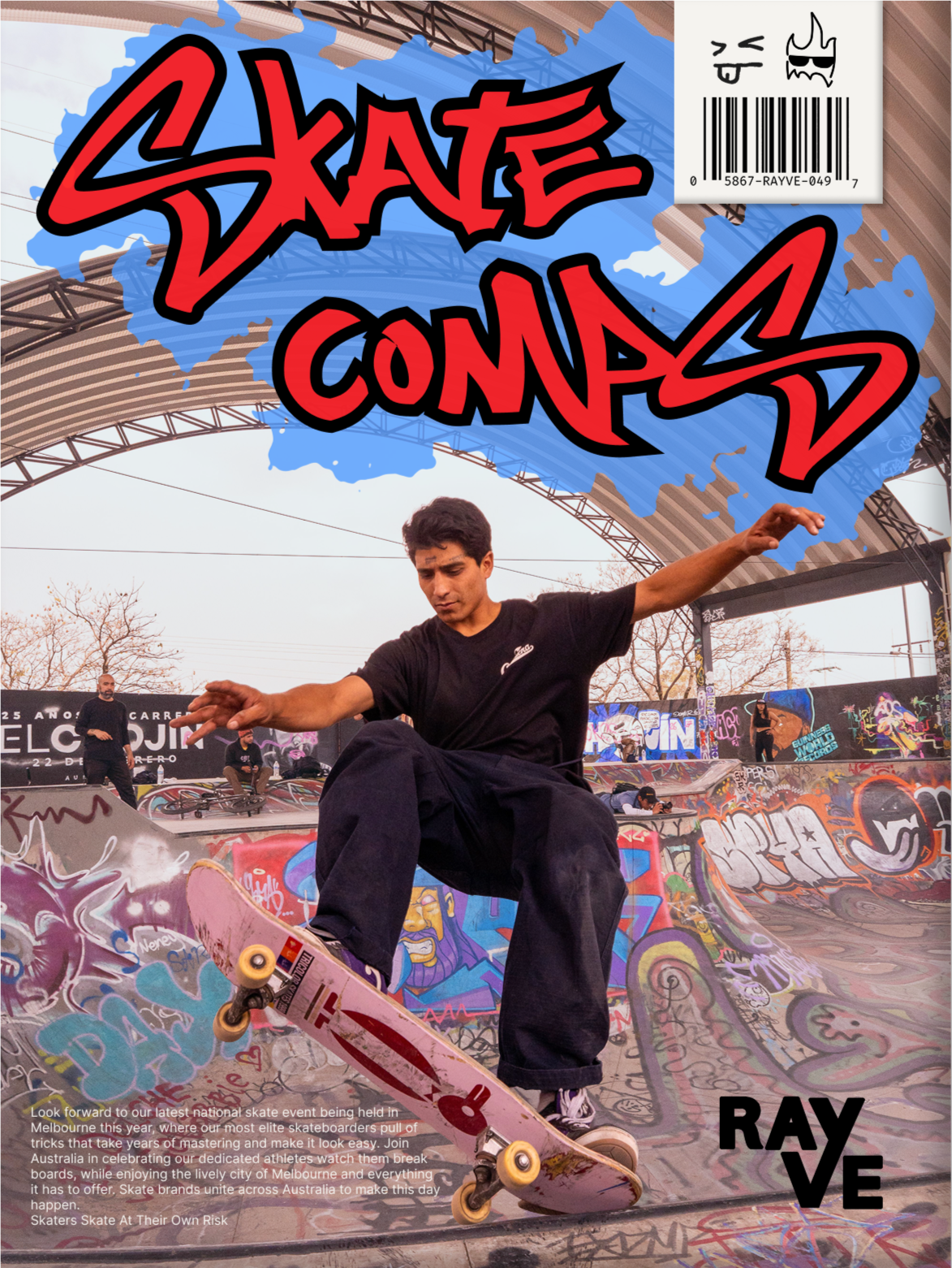 A Skate competition poster, featuring a young male skateboarder performing a trick at a graffiti-covered skate park during the daytime with overcast skies.