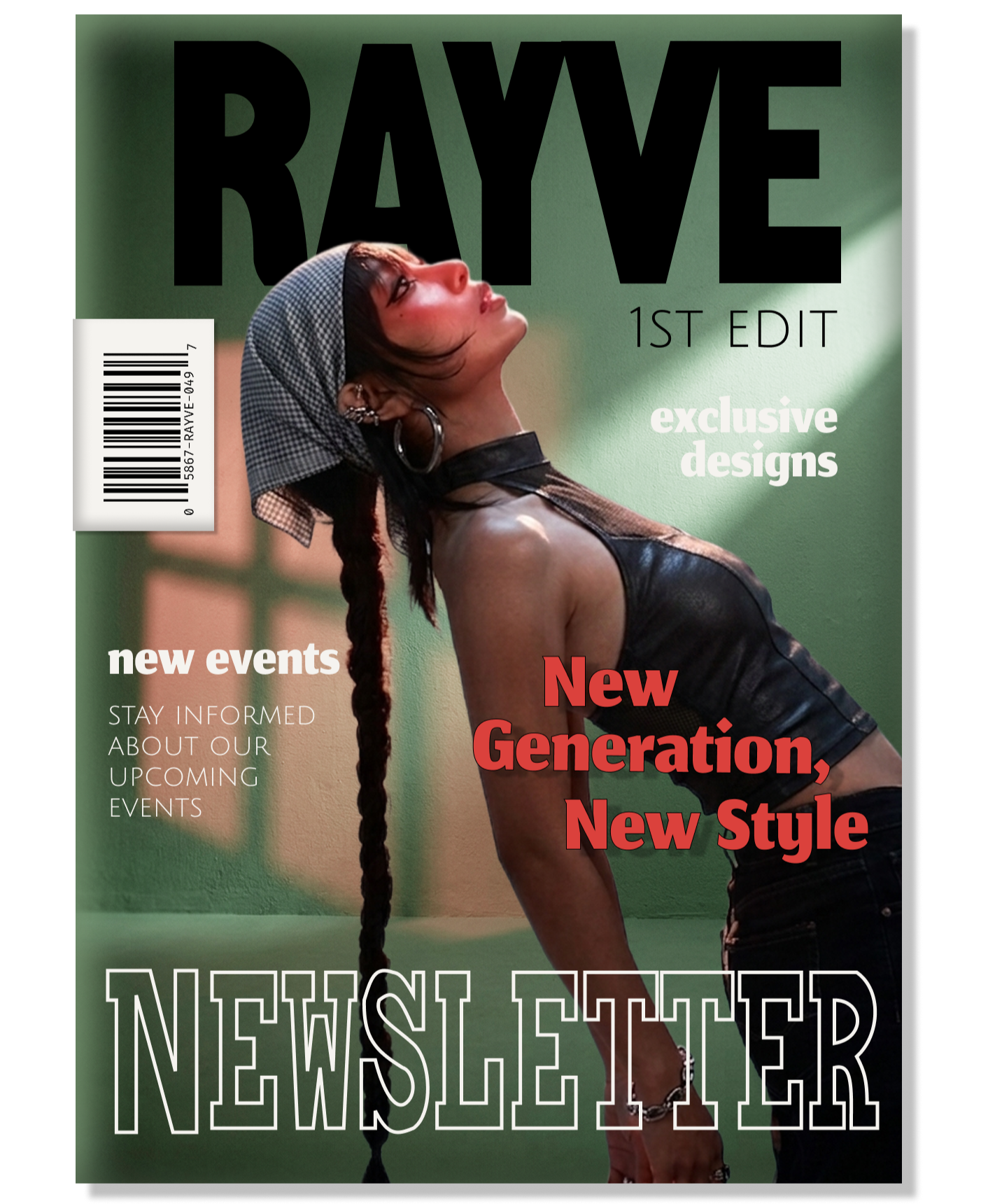 Magazine cover with a woman with long braid, wearing a checkered headscarf, hoop earrings, and a black leather top, with the headline 'New Generation New Style' in red text. The background is green with large black text 'RAYVE' at the top.