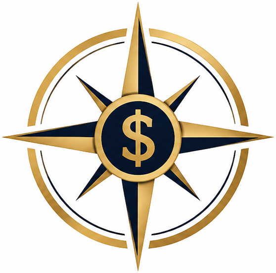 A gold and navy compass rose with a dollar sign in the center.