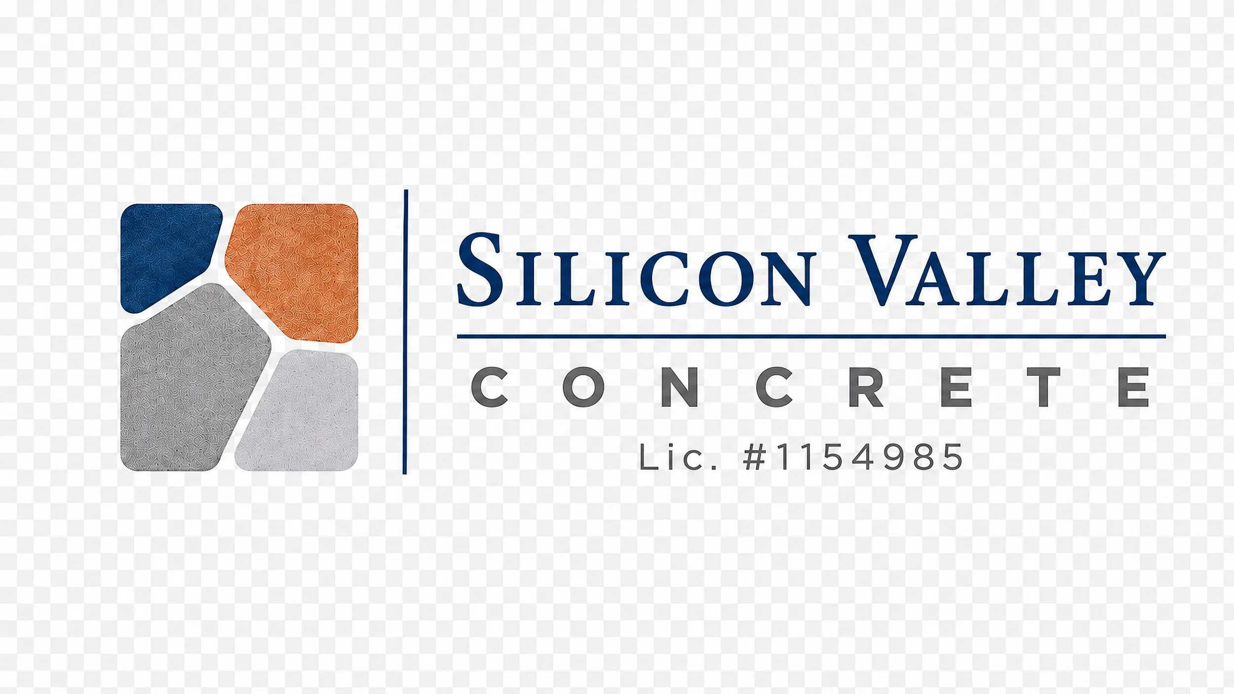 Logo for Silicon Valley Concrete with three textured concrete shapes in blue, orange, and gray, and text indicating license number #1154985.