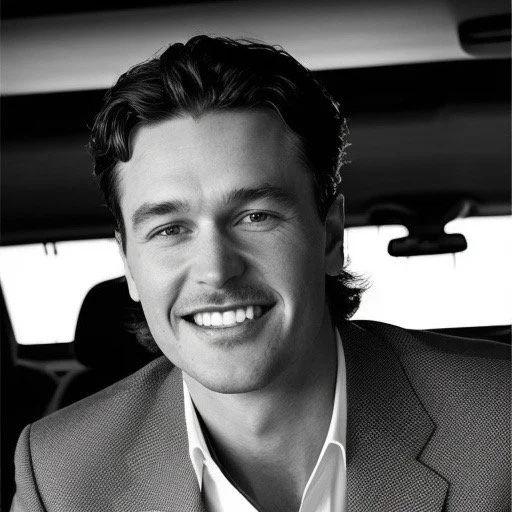 Casual photo of Kobe  in a Black and white photo, wearing a suit, sitting inside a car.