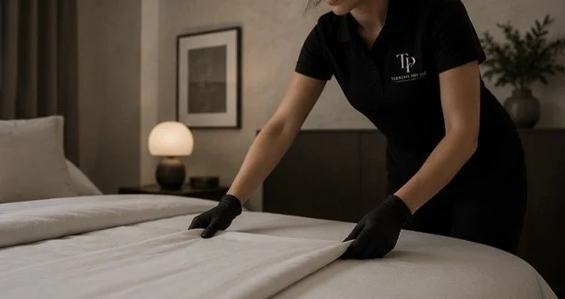 A person making a bed, wearing a black uniform and gloves, in a bedroom with a bedside lamp and framed photo on the wall.
