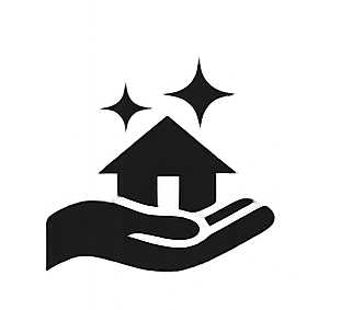 A hand holding a house with sparkles around it.