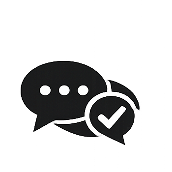 Two speech bubbles, one with three dots and the other with a checkmark, indicating messaging or communication.