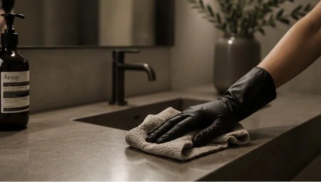 Person wearing black gloves cleaning a bathroom sink with a cloth.