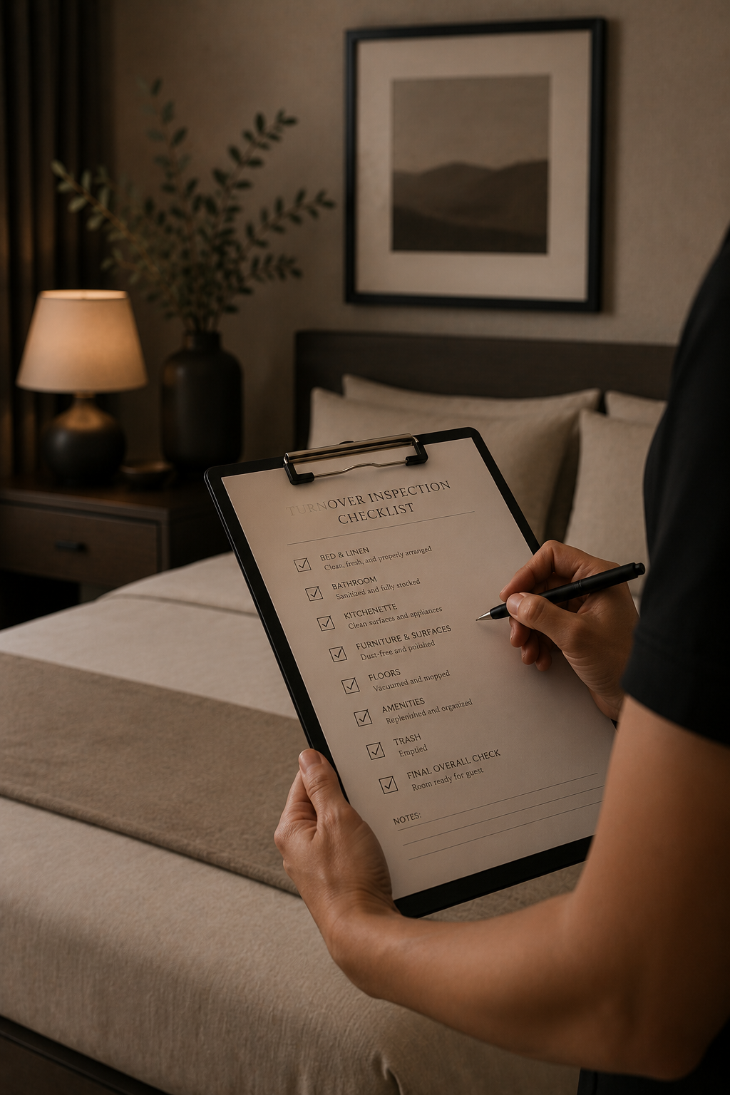 Person holding a checklist titled 'Turnover Inspection Checklist' in a bedroom with bed, nightstand, lamp, and framed picture.