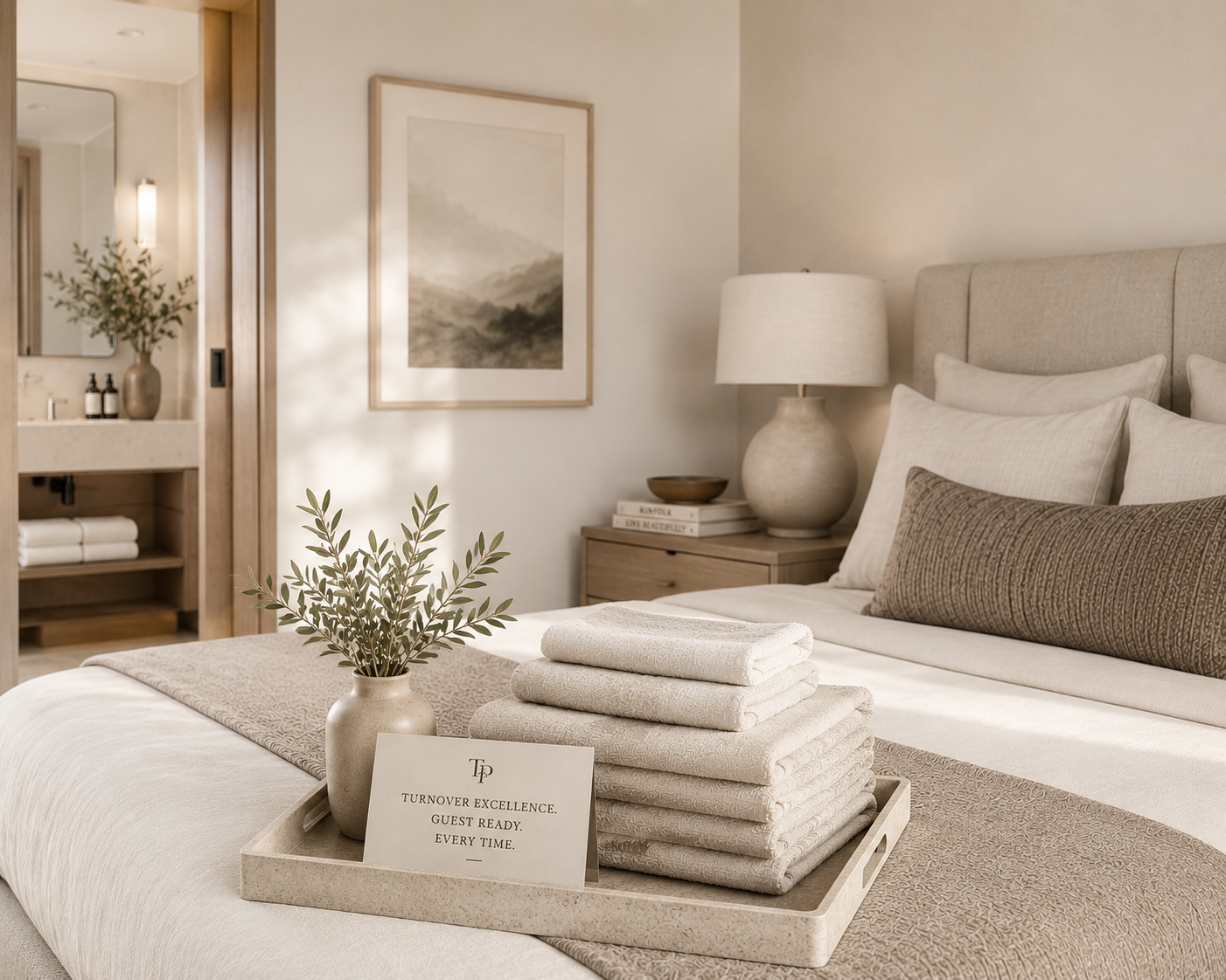 A neatly made bed with stacked folded towels on a tray, a decorative pillow, and a small sign that says 'Turnover excellence. Guest ready. Every time.' in a cozy, well-lit hotel room with beige and white decor, a bedside table with books, a table lamp, and a framed artwork on the wall.
