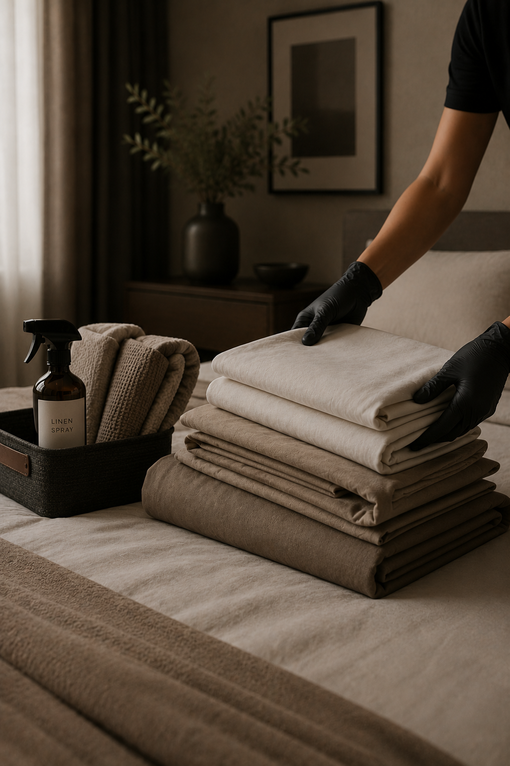 Person folding beige and white linens on a bed, with a basket of rolled towels and a linen spray bottle nearby.