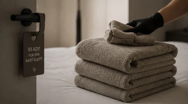 A person wearing black gloves folding gray towels on a bed, with a door and a sign reading 'Ready for our next guest' visible in the background.