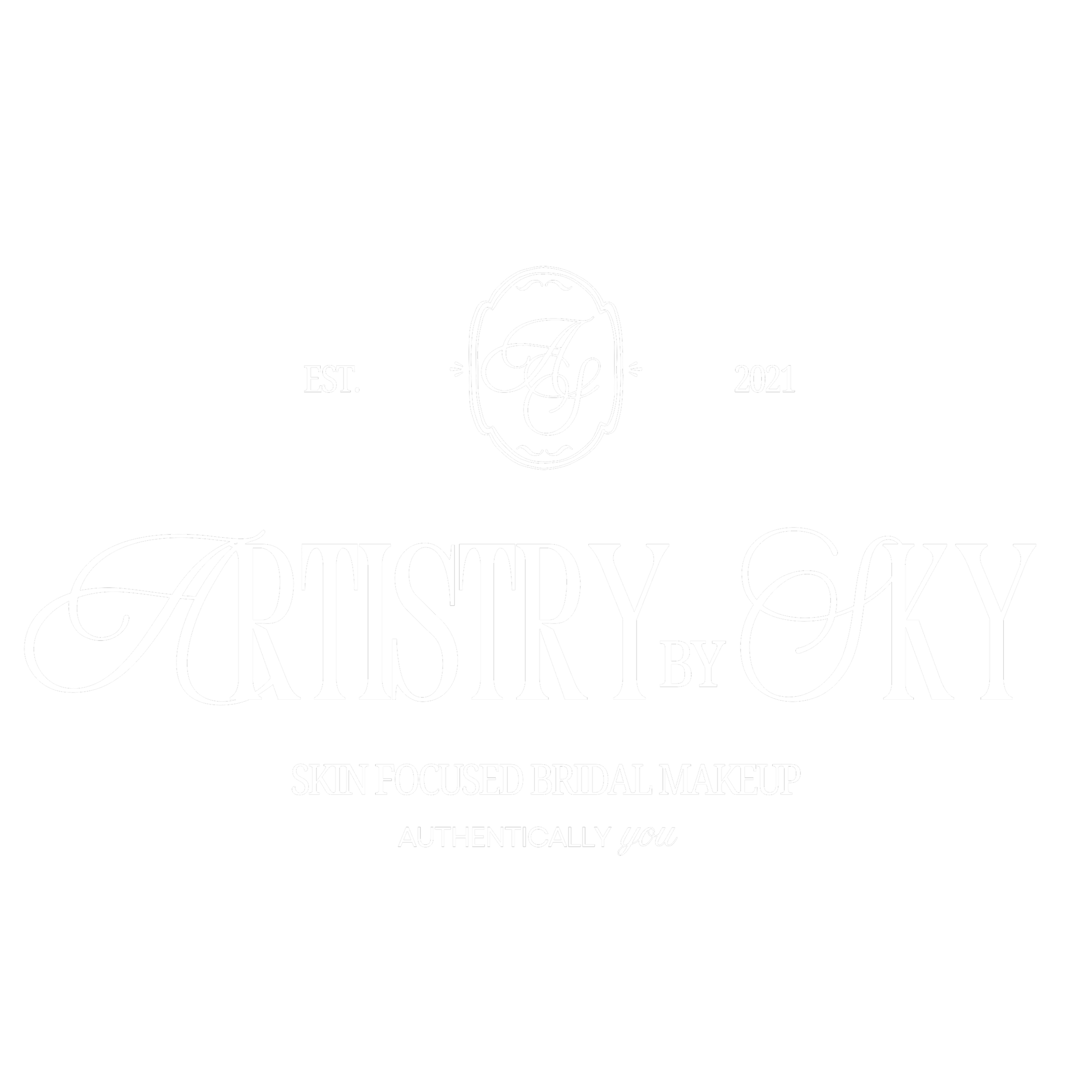 Black background with white ornate text that says "Cariskey by" and smaller text "Skin focused bridal makeup" along with a decorative letter "A" in a circle, and the words "EST. 2021".