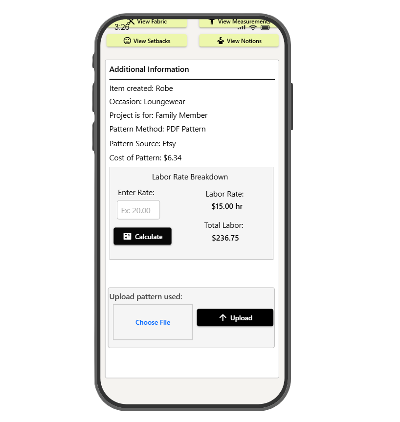 Mobile app screen showing pattern details for a robe, including item type, occasion, project purpose, pattern source, and cost. It features a labor rate calculator, total labor cost, and an upload button for pattern files.