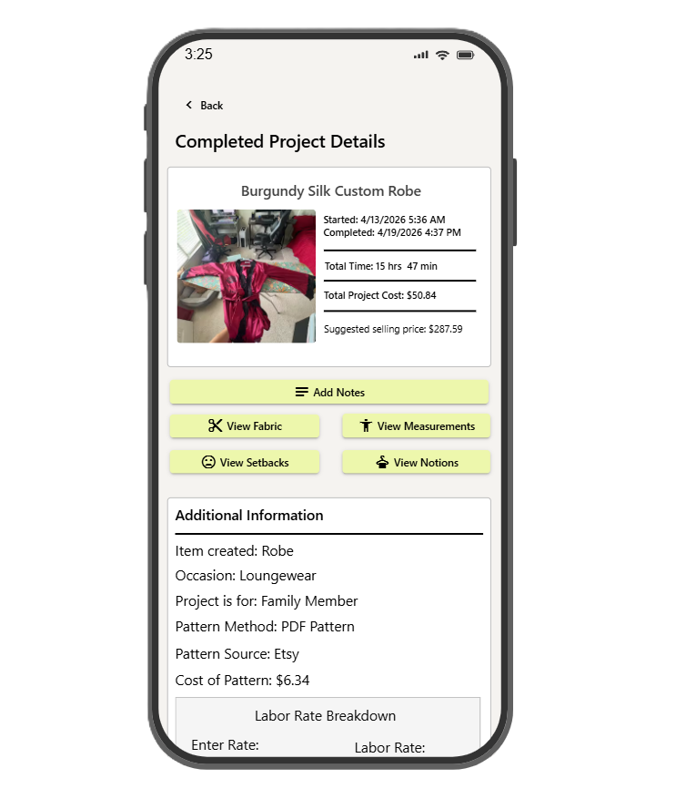 Mobile app screen showing completed project details for a burgundy silk custom robe, with options to add notes and view fabric, measurements, setbacks, and notions.