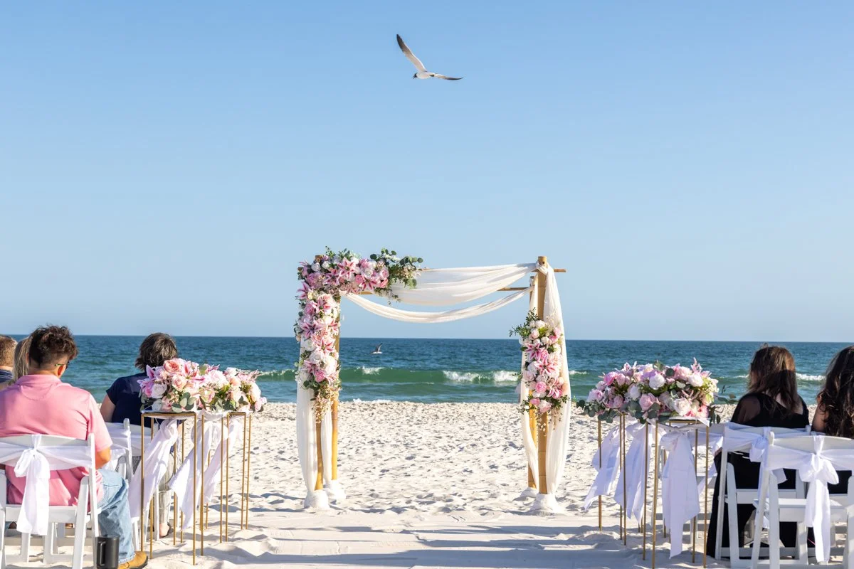 Beach wedding ceremony setup with floral arch, chairs decorated with white sashes, and an ocean background with seagulls flying overhead.