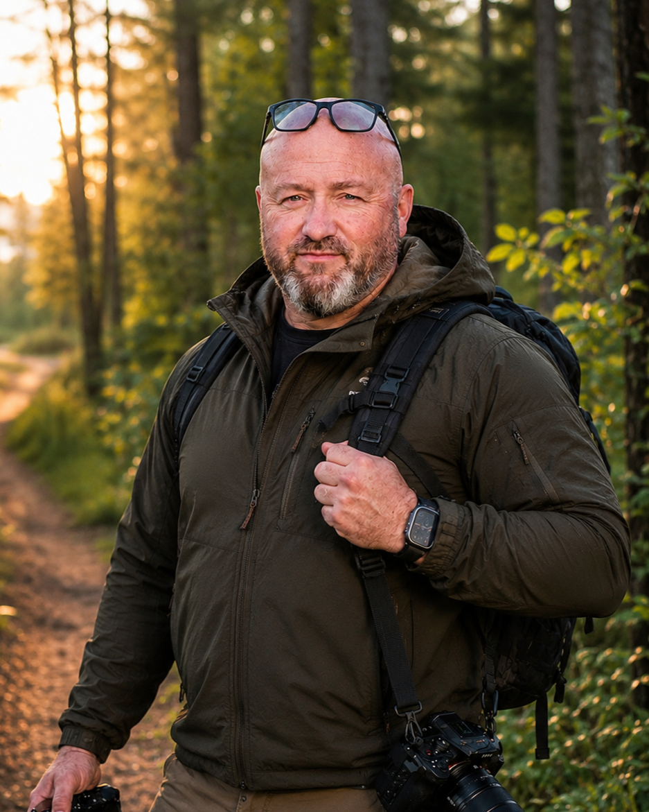 Man in outdoor gear, carrying a backpack and camera, standing on a forest trail during sunset.