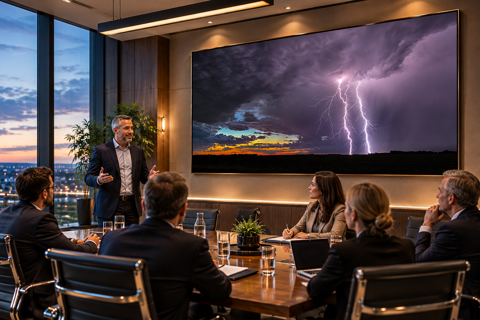 Large fine art canvas featuring a dramatic lightning storm over the Manitoba prairie, displayed in a modern corporate boardroom as business professionals meet around a conference table.