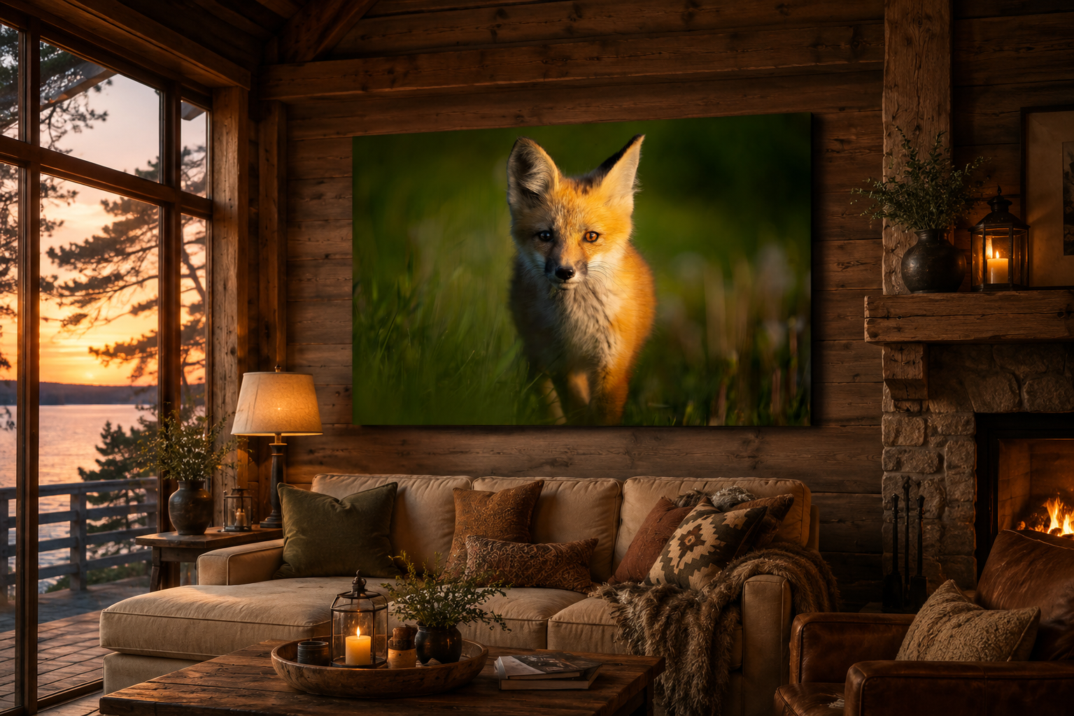 "An Unspoken Trust" fine art canvas featuring a young red fox displayed in a warm rustic cabin living room overlooking a lake at sunset.
