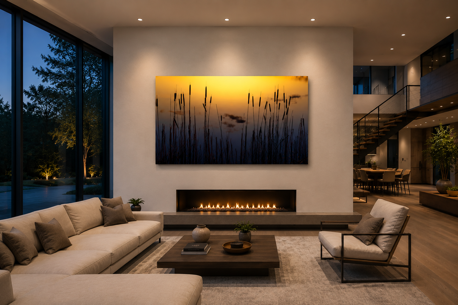 "Quiet Reflections" fine art canvas print displayed above a modern fireplace in a contemporary living room.