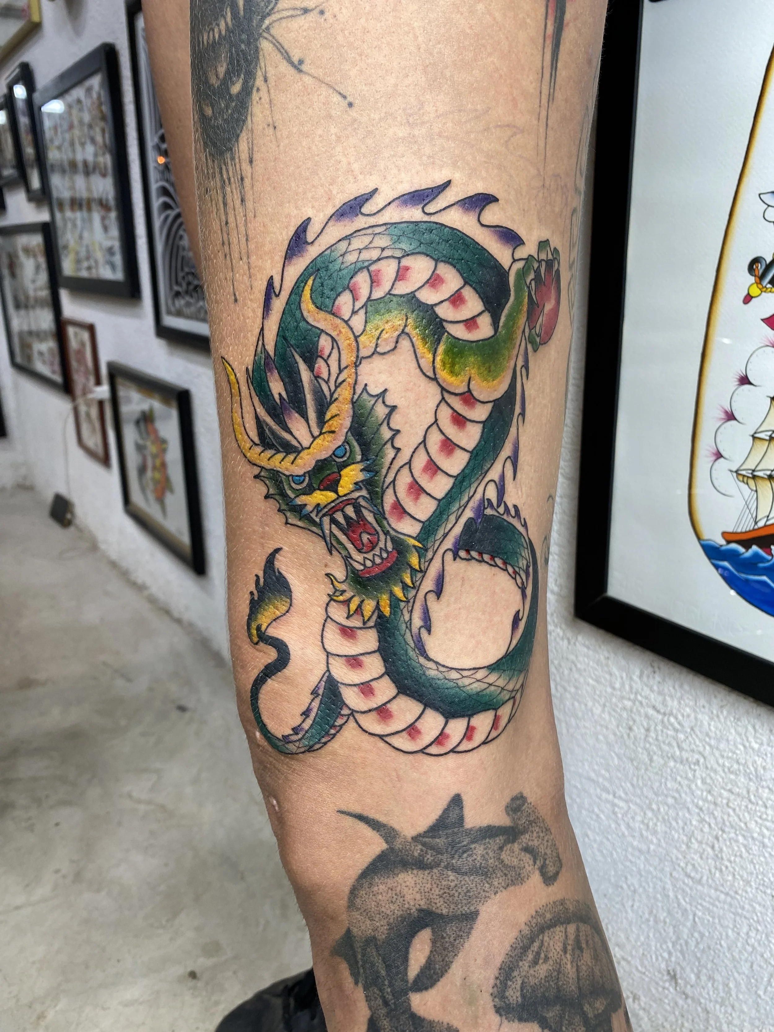Tattoo of a colorful dragon coiled around the person's arm, with detailed scales, fierce face, and flames, on a light-skinned arm.