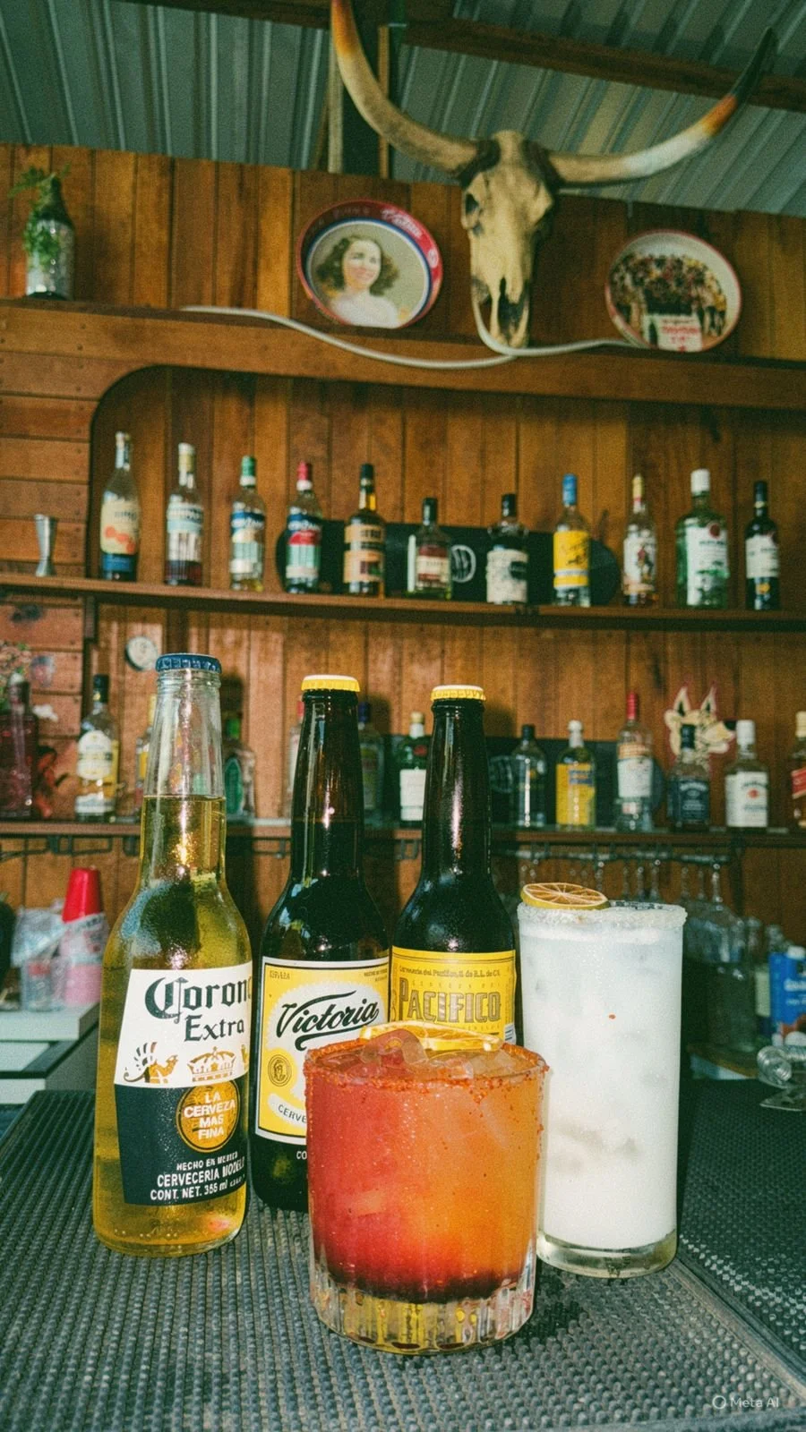 Three bottles of beer, a tequila shot glass, and a cocktail with a lemon slice on the rim on a bar counter. Behind the bar, wooden shelves hold various bottles of liquor and decorative items including a buffalo skull and framed pictures.