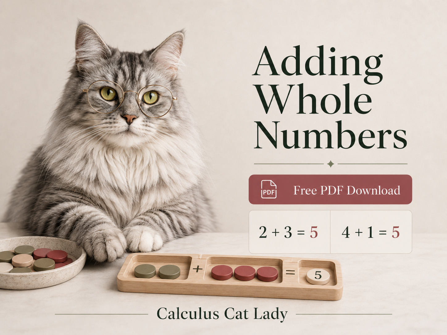 A fluffy gray tabby cat wearing round glasses sits at a table with colored counters, demonstrating basic addition with the text 'Adding Whole Numbers', a 'Free PDF Download' button, and the equations '2 + 3 = 5' and '4 + 1 = 5'.