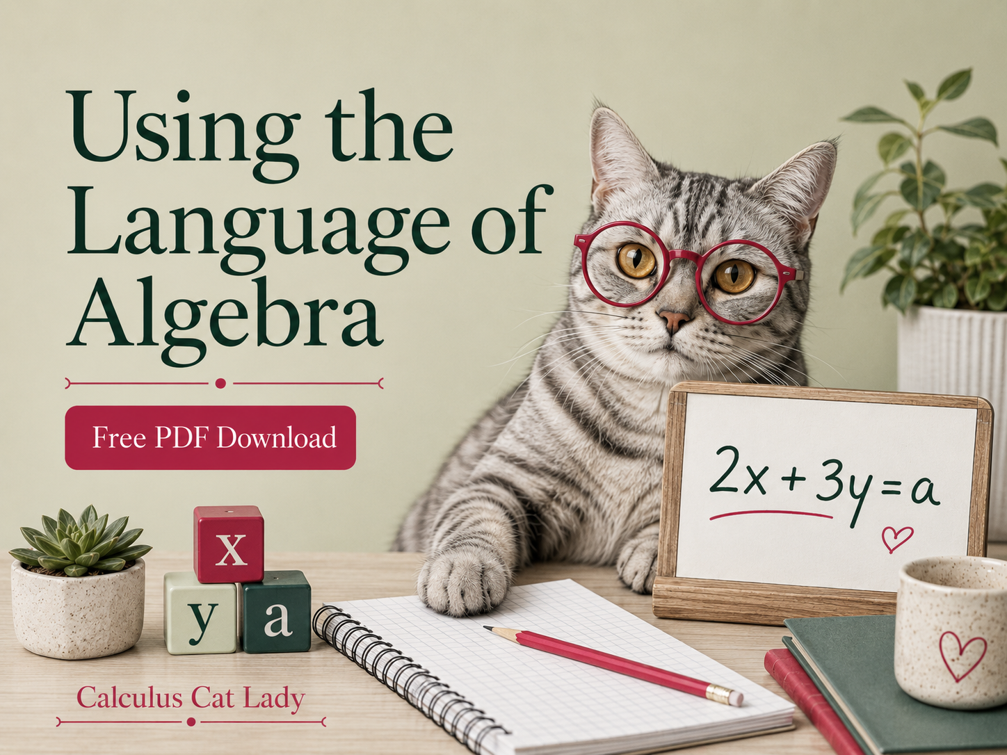 A cat wearing red glasses sitting at a desk with a whiteboard showing a math equation, surrounded by plants, blocks, notebooks, and a notepad with a pencil, promoting a free PDF download about using the language of algebra.