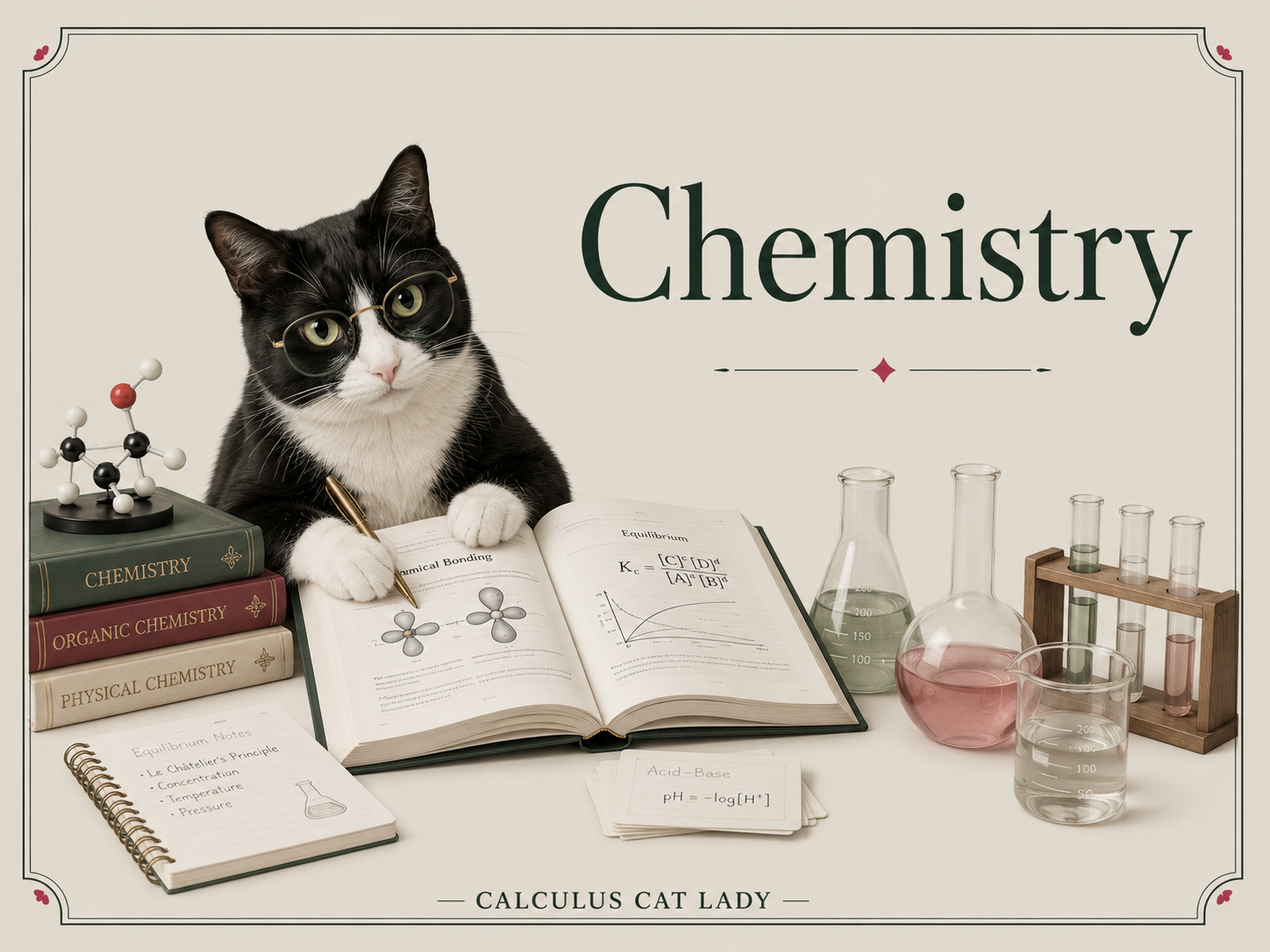 A black and white cat wearing glasses, sitting at a desk with chemistry books, a notebook, and laboratory glassware, including beakers, test tubes, and flasks, with the word 'Chemistry' displayed prominently on the wall.
