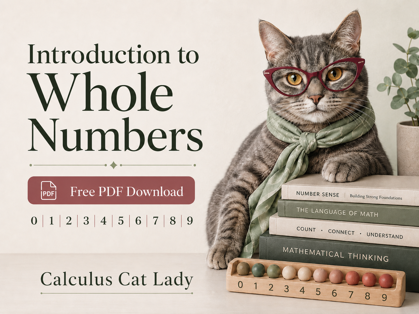 A grey tabby cat wearing red glasses and a green striped scarf, sitting next to a stack of math books and a wooden number and color counting toy, with the text 'Introduction to Whole Numbers' and details about a free PDF download.