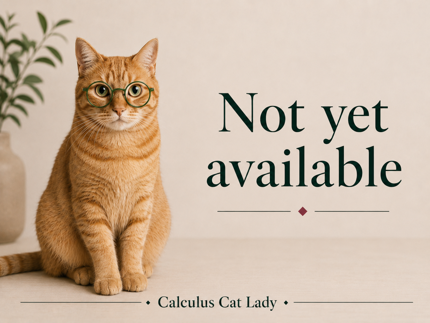 An orange tabby cat wearing green glasses sitting next to a plant. A sign with the text 'Not yet available' and the caption 'Calculus Cat Lady'.