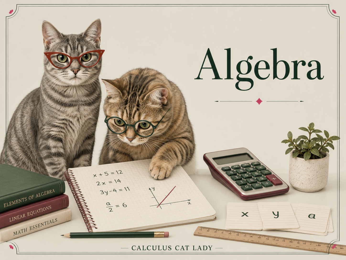 Two cats wearing glasses sitting at a desk with math books, notebook, calculator, plant, and alphabet cards. The larger gray tabby has red glasses, and the smaller brown tabby has green glasses. The word 'Algebra' is displayed in large letters.