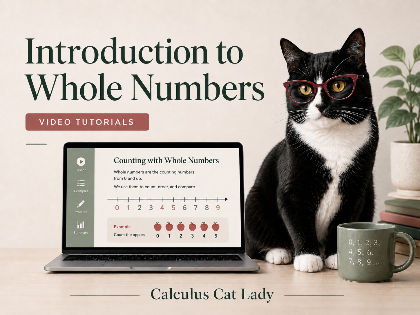 A promotional image for an educational video tutorial series titled 'Introduction to Whole Numbers.' It features a black and white cat wearing red glasses, a laptop displaying a lesson on counting with whole numbers, and a green mug with a counting list. There is also a potted plant and a stack of books in the background.