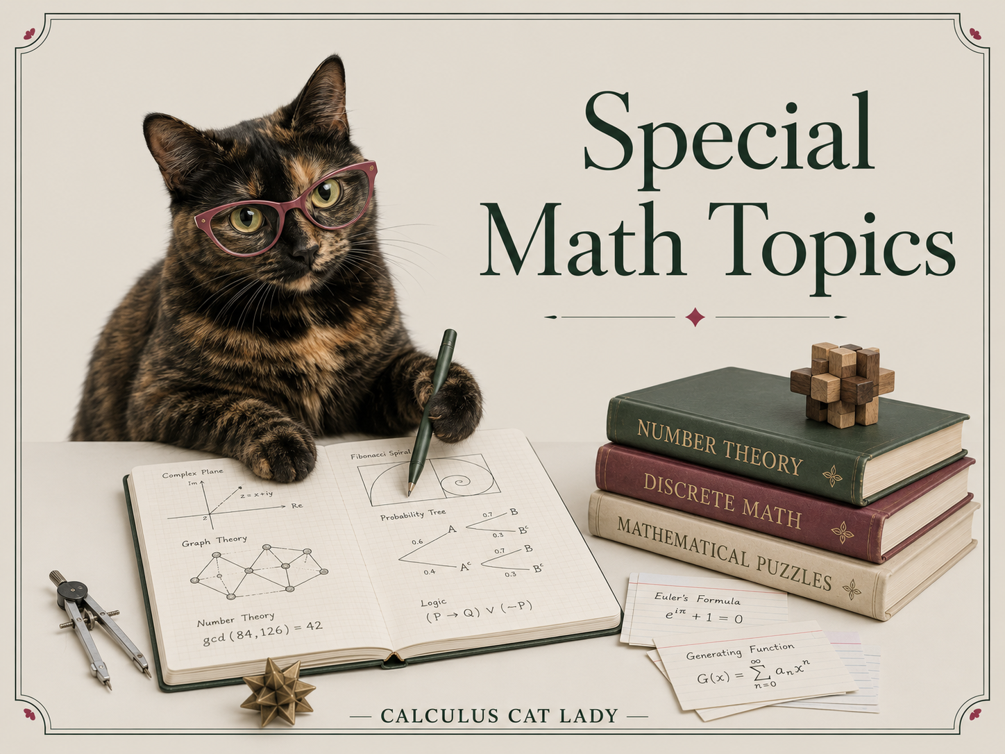 A cat wearing pink glasses sitting at a desk with math books, notes, and mathematical diagrams, promoting different math topics.