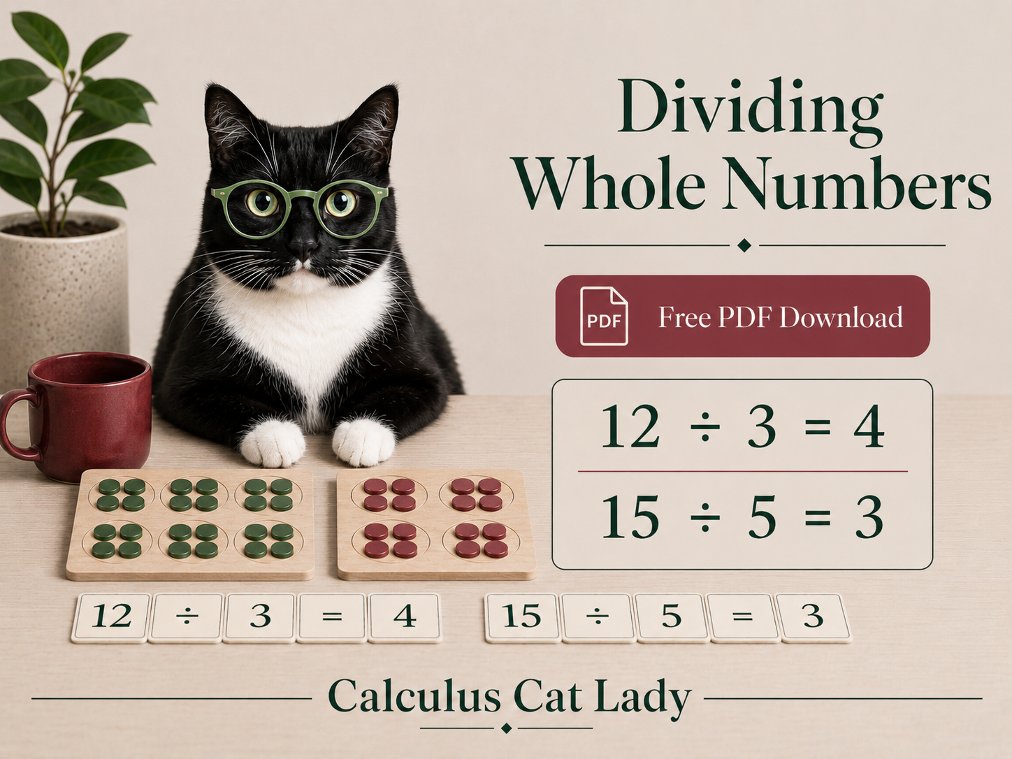 A black and white cat with glasses sitting at a table with mathematical division problems, labeled 'Calculus Cat Lady', alongside wooden counters, a red mug, a potted plant, and a poster advertising a free PDF download on dividing whole numbers.