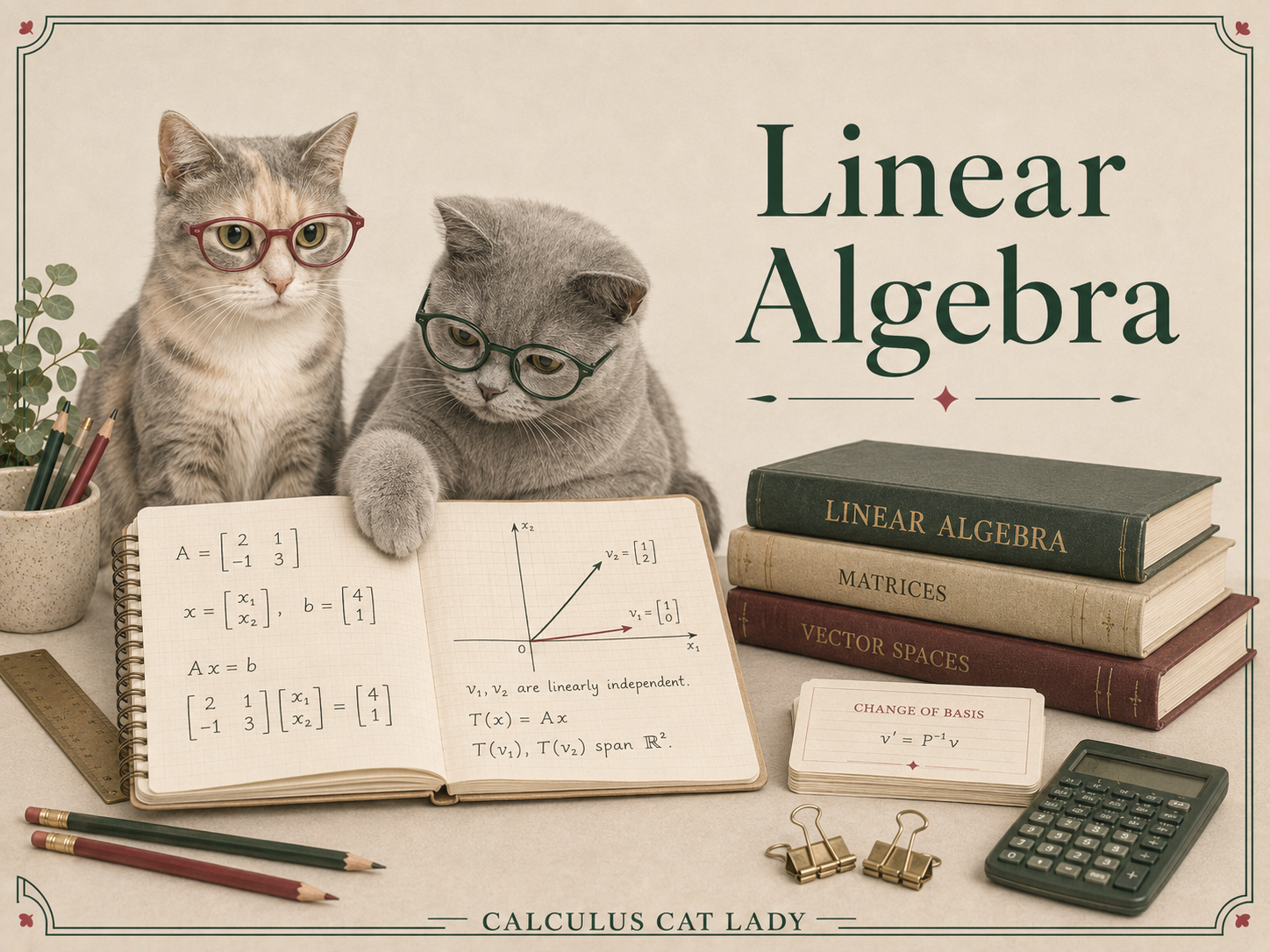 Two cats wearing glasses sitting at a desk with mathematical books and papers, including matrices, vectors, and linear algebra notes, with a calculator, pens, and stationery.