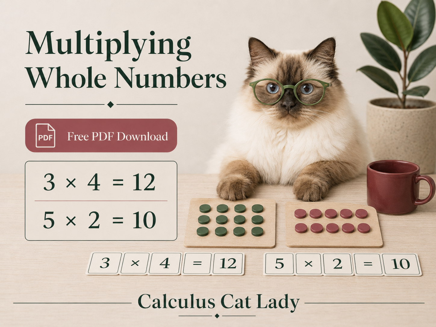 A fluffy cat with glasses sits at a wooden table displaying educational materials about multiplying whole numbers. The materials include flashcards with math problems, a printed worksheet, and counters. There is a plant in a pot and a mug on the table.