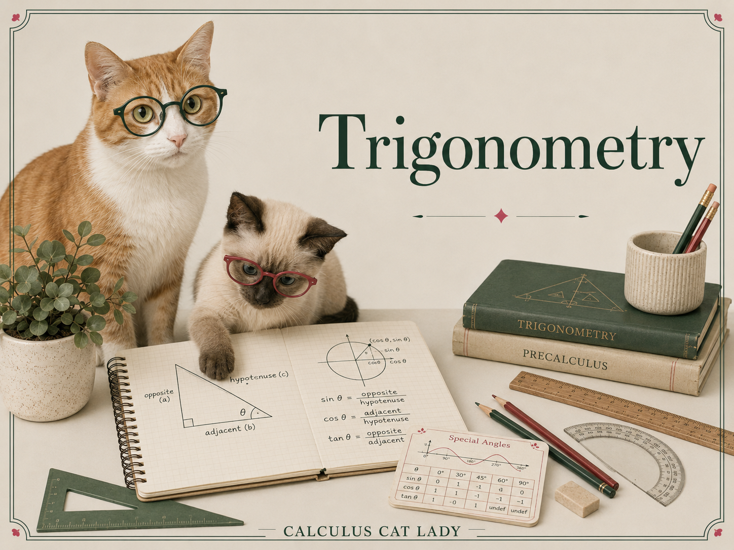 Two cats, one orange and one Siamese, wearing glasses sit at a desk with trigonometry and calculus study materials. The desk includes potted plants, textbooks, a ruler, protractor, pencils, and a small card with special angles chart. The background features the word 'Trigonometry' in large text and a decorative border.
