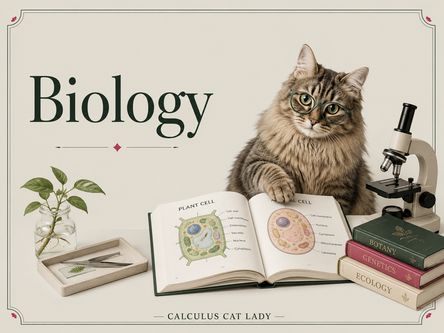 A cat with glasses sitting at a desk, surrounded by biology books, an open book about plant and animal cells, a microscope, and a small plant in a jar, with the text 'Biology' and 'Calculus Cat Lady' on the image.