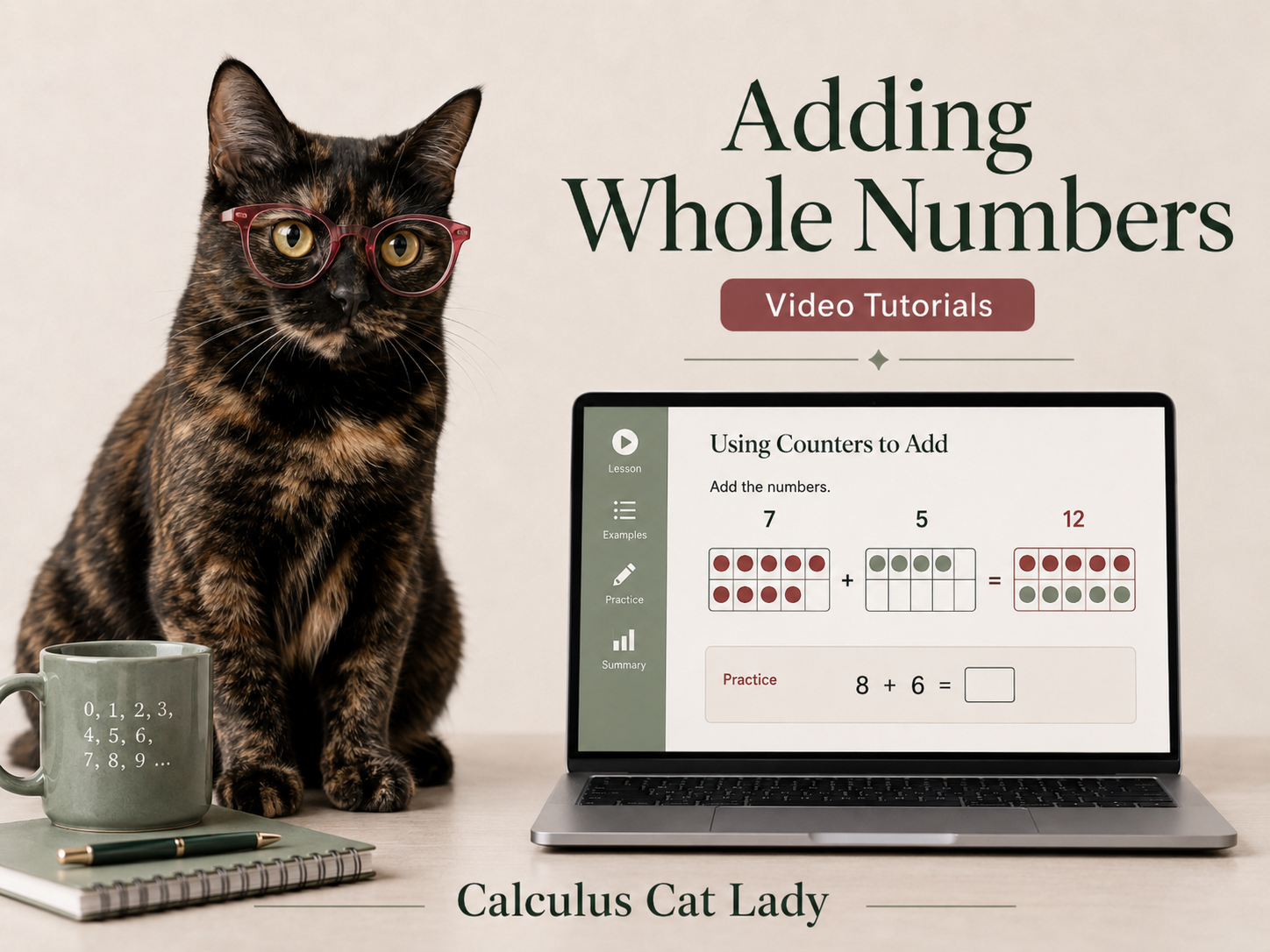 A calico cat wearing pink glasses sitting beside a mug, a notebook, and a pen, with a laptop displaying a math lesson on adding whole numbers, titled 'Adding Whole Numbers' with the subtitle 'Video Tutorials'.