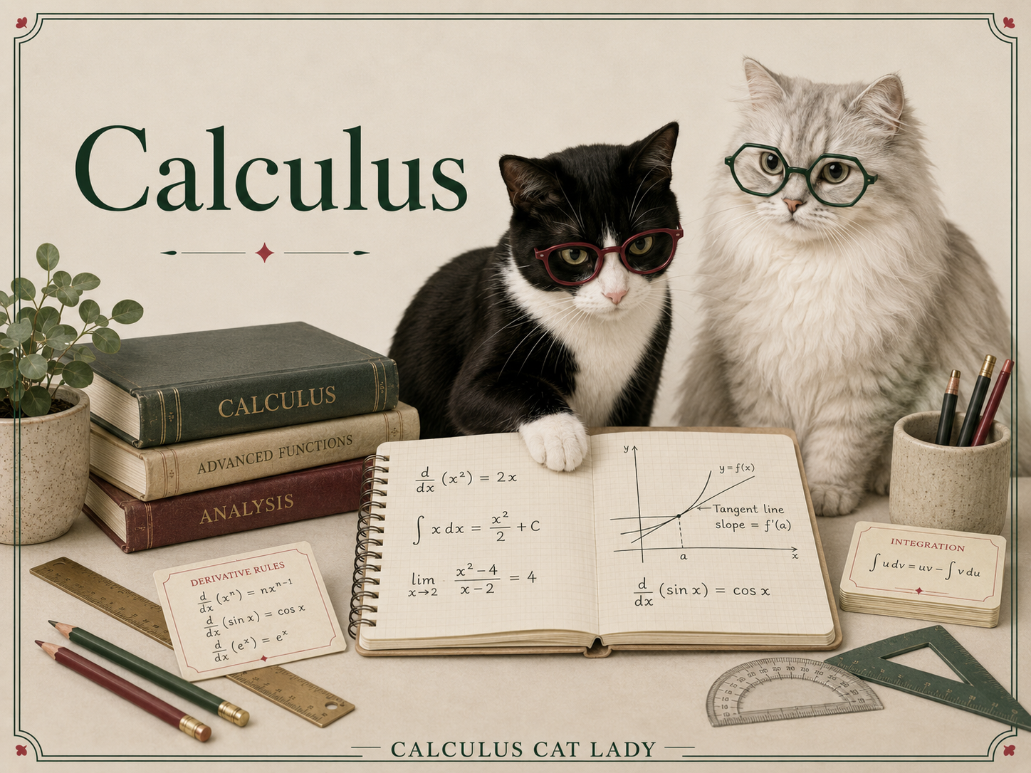 Two cats with glasses sitting at a desk filled with calculus books, notes, and stationery, with the word 'Calculus' displayed prominently in the background.