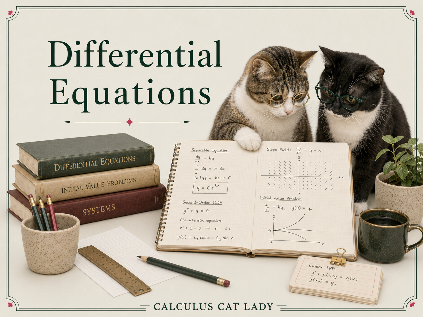 Two cats wearing glasses sitting beside a notebook with mathematical equations, surrounded by textbooks on differential equations, initial value problems, and systems, a coffee mug, a plant, a pen, a ruler, and a stone cup holding pens, on a white table with a decorative border and the title 'Differential Equations' and 'Calculus Cat Lady'.